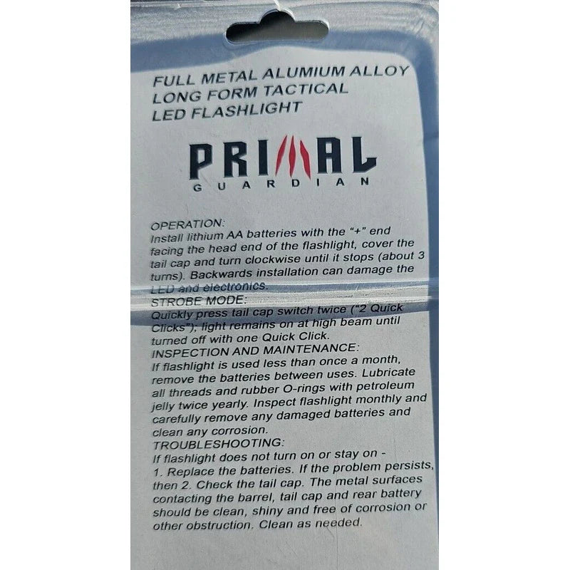 Primal Guardian Tactical Flashlight Hi Power IPX6 Waterproof Multi Light Modes Protection 14"