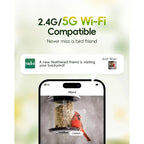 4K HD Bird Feeder with Camera Solar Powered, 2.4G/5G Dual WiFi Wireless, Auto Bird Video Capture, Instant Notifications, 360°Adjustable Bracket & 32GB EMMC, AI Identify 10000+ Species for Bird Lover