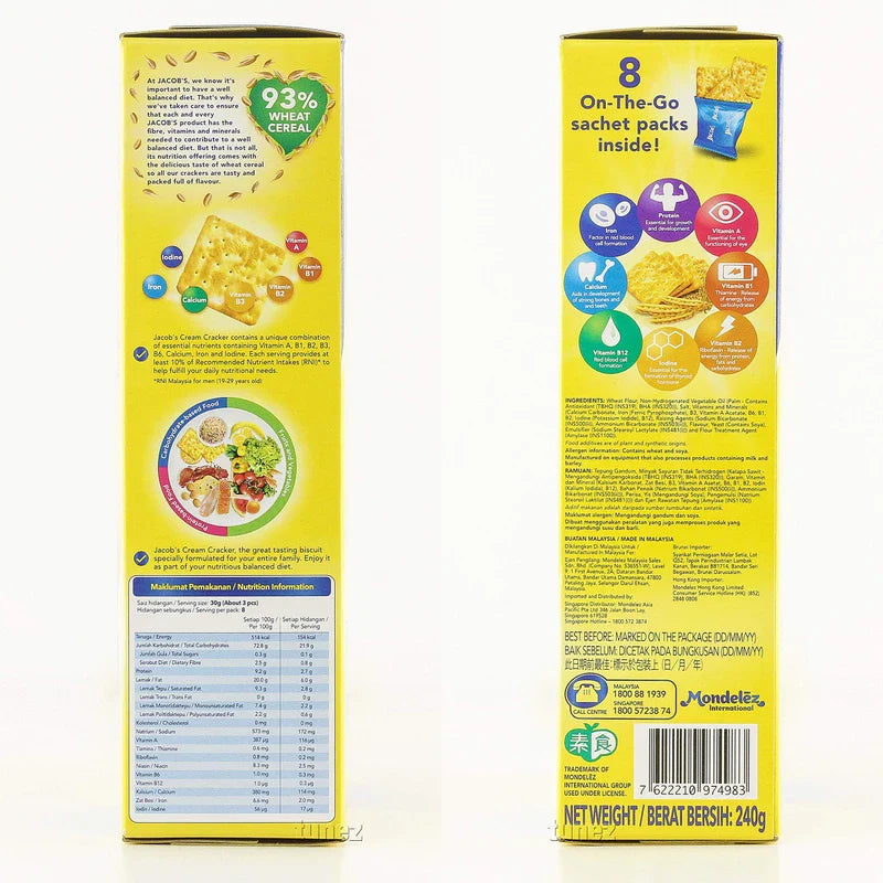 Mondelez Malaysia Jacob's Original Cream Crackers Wheat Cereal Multipack Breakfast Snacks Halal Food Biscuit Biskut 240g x 2 Packs (16 sachets)