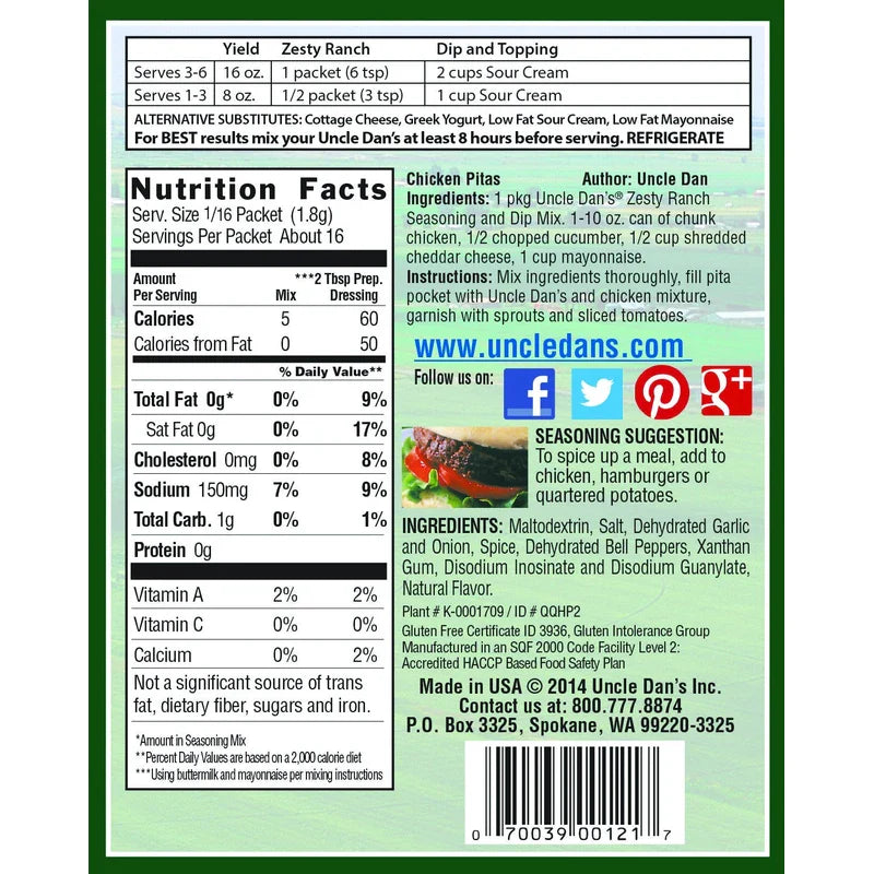 Uncle Dan's Salad Dressings, Dips and Seasonings Zesty Ranch Mix Single 1 Oz Packet